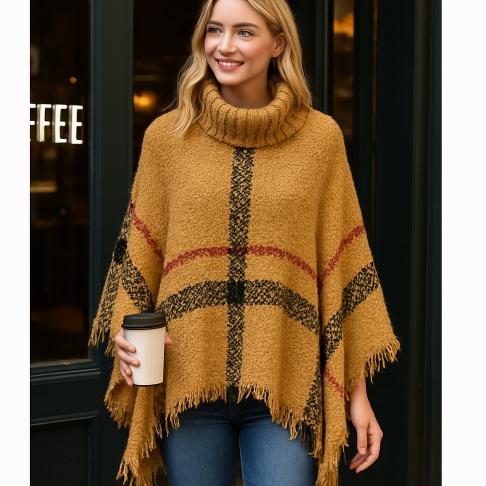 Tan Plaid Fringe Knit Poncho Sweater Pullover Turtleneck One Size NWT